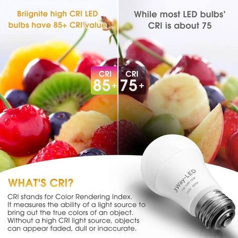 Three Way LED Light Bulbs A19 E26 Base Warm White 3000K 500 To 1000 To 1500 Lumens Energy Saving 2 Pack with high CRI