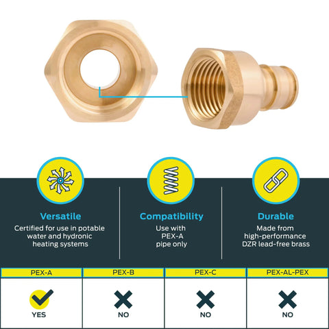 Half Inch Expansion FNPT Adapter Fitting For PEX-A Pipe, Brass Plumbing Connector, Female NPT Adapter For PEX-A Tubing, Model UAB072LFA