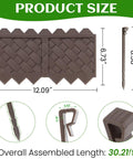Product diagram showing interlocking no dig garden edging border kit, 30 ft, with 8.5 inch stakes and 12 inch weaving design.