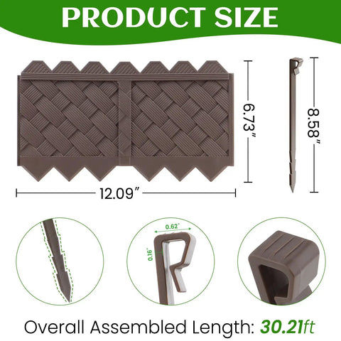 Product diagram showing interlocking no dig garden edging border kit, 30 ft, with 8.5 inch stakes and 12 inch weaving design.