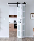 42X84 Double Bifold Sliding Barn Door With Heavy Duty Hardware Kit Solid Mdf Build And Waterproof Pvc Trim showing sleek frosted glass panels in a modern interior.