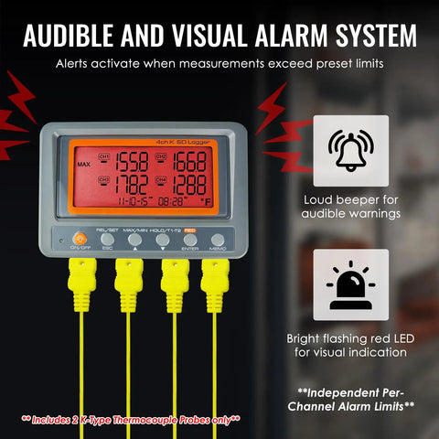 All In One 4 Channel K Type Thermocouple Thermometer Data Logger with alarm system and SD card display in use