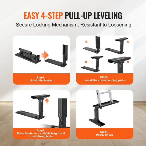 Four-step installation guide for Stair-Friendly Ladder Leveler Extender, 23.4 x 5.8 Inch Non-Slip Stabilizer, Adjustable 11.4 to 18 Inch Height, Fully Foldable Ladder Aide for Uneven Surfaces, Ideal for Home DIY, Outdoor, and Pro Projects.