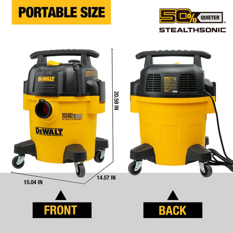 5 Gallon Wet And Dry Shop Vacuum With StealthSonic Quiet Motor 4 HP Power Ultra Quiet Poly Vacuum Front and Back View
