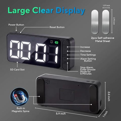 Super Sleek Hidden Camera Clock With 4K Wireless WiFi Surveillance showing large clear display, side buttons, and magnetic back.