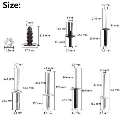Golf Cart Rivet Kit For EZGO TXT 1994 And Later Complete Body Hardware Set with measurements of individual rivets shown.