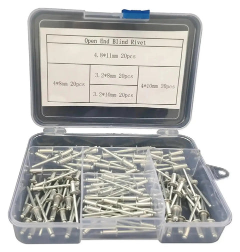Silver Aluminum Blind Rivet Kit M3 Dome Head Pop Rivets 100 piece set in open plastic case with various sizes visible