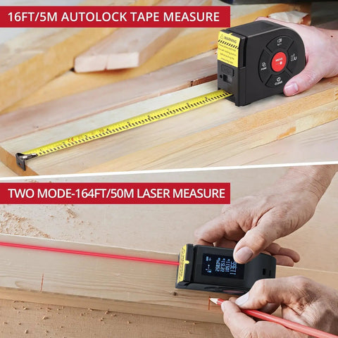 2 In 1 Laser Tape Measure With 164 Ft Laser Range And 16.5 Ft Digital Tape Measure, Ultra Accurate To 2 Mm, Easy Switch Between Long Range And Short Measurements For Framing, DIY Projects, And Quick Layouts. 16ft tape and laser mode in use