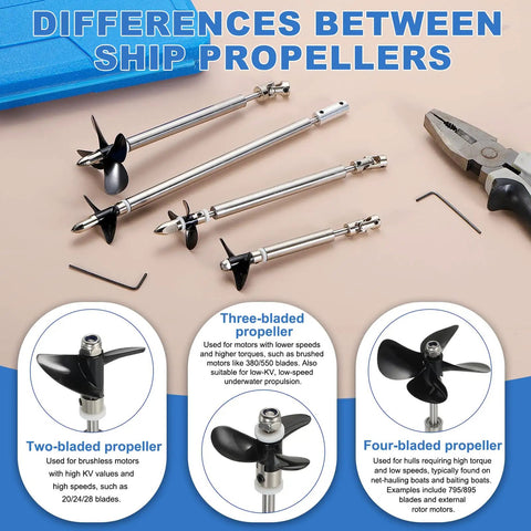 Four stainless steel drive shafts with propellers for RC boats, includes Drive Shaft With Propeller Universal Joint For RC Boat Stainless Steel 2 Blade Paddle 100Mm Shaft And 50Mm Sleeve 36Mm Hub Fits 2Mm Motor Shaft DIY RC Boat Coupler Assemble Kit For Upgrades And Repairs, shown with tools.