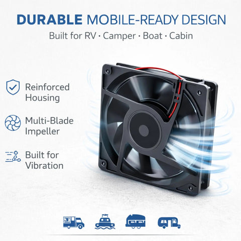 12V DC RV Axial Ventilation Fan 4.7x4.7x1 in 120x120x25 mm high flow 160 CFM with reinforced housing and multi-blade design