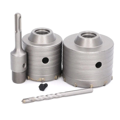 Heavy Duty 5 Pc Concrete Hole Saw Set With Yg8 Alloy Cutters And 45 Steel Core Drill Bits For Masonry Brick Wall Openings Up To 65 Or 80 Mm Wide Holes In Cement, two hole saws and shank