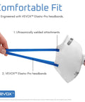 N95 Masks For Adults NIOSH Approved 20 Pack Valved Particulate Respirator With Comfort Plus Seal showing VEVOK Elastic-Pro headbands.