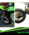 Pit Bike Front Brake And 12mm Rear Hydraulic Disc Caliper Assembly for SSR showing brake installation on green dirt bike