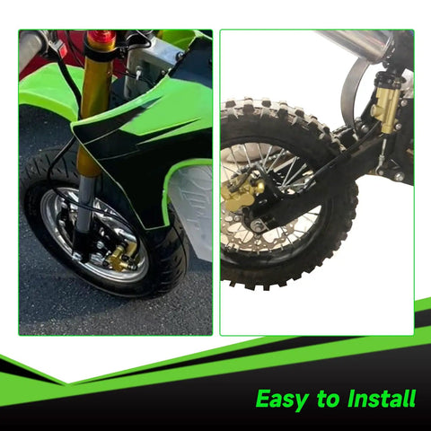 Pit Bike Front Brake And 12mm Rear Hydraulic Disc Caliper Assembly for SSR showing brake installation on green dirt bike