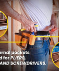 Man wearing 11 Pocket Suede Leather Heavy Duty Tool Belt Built Tough For Pros With Hammer Loops Measuring Tape Clip 4 Large Pouches