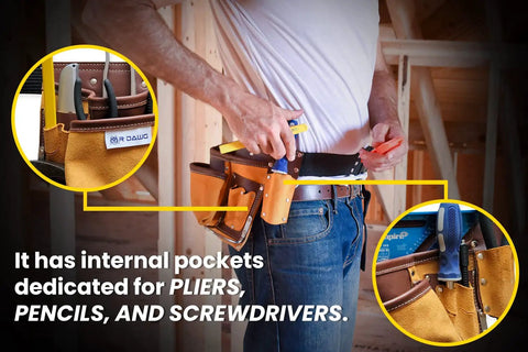 Man wearing 11 Pocket Suede Leather Heavy Duty Tool Belt Built Tough For Pros With Hammer Loops Measuring Tape Clip 4 Large Pouches