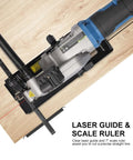 G LAXIA mini corded circular saw with laser guide on wood, blue and black body, 7-inch scale ruler