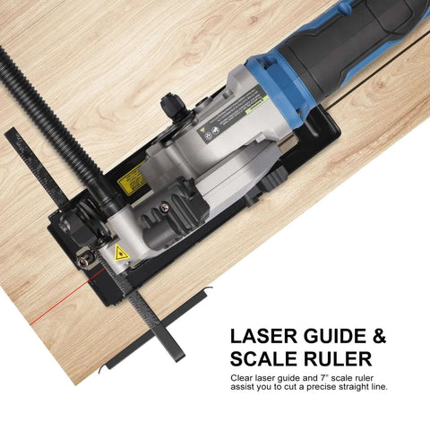 G LAXIA mini corded circular saw with laser guide on wood, blue and black body, 7-inch scale ruler