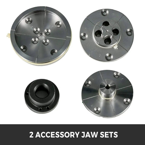 One Inch By Eight TPI Thread Wood Lathe Chuck Set Self Centering Four Inch Four Jaw Chuck With High Claw Small Round Jaw Swallow Tail Jaws And Accessories In New Case For Woodworking, showing 2 accessory jaw sets.