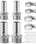 Heavy Duty 304 Stainless Steel Barb To Npt Male Thread Hose Fitting Set With High Pressure 2800 Psi Rating And Durable Corrosion Proof Design For Tough Plumbing Jobs And Fluid Control Systems Today, 3/4 and 1 inch, with clamps and tape