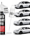 Pearl White Multi Coat PPSW Touch Up Paint For Tesla Model Y, 3, X, S 0.4 Fl Oz Scratch Repair Pen beside images of Tesla cars