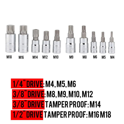 Ten Piece 12 Point Triple Splined Bit Socket Set With One Quarter Inch, Three Eighths Inch, And One Half Inch Drives For Auto Repair