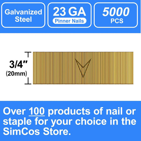 23 Gauge Headless Pin Nails 3/4 Inch 5000 Pack Galvanized Steel Brad Nails displayed in flat collated layout.