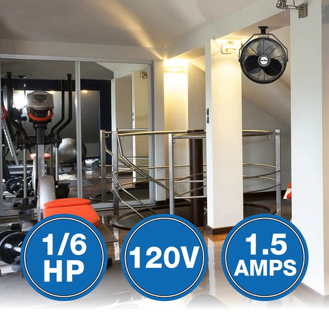 18 Inch Industrial Grade Ceiling Mount Fan Black For Beastly Air Circulation In Industrial Spaces With Powder Coated Steel Construction One Sixth HP Fully Enclosed Permanently Lubricated Motor Ten Foot Type SJT Power Cord installed in gym
