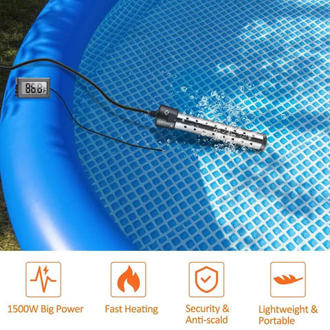 Submersible Water Heater 1500W Portable Tankless Immersion System shown in an inflatable pool heating water.