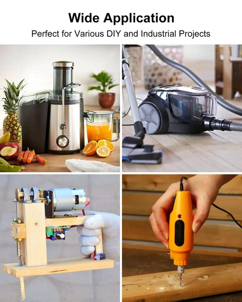Collage of a juicer, vacuum cleaner, electric motor setup, and handheld drill showcasing wide application of 12V RS550 40000RPM Electric Motor Drive Engine for Power Wheel High Speed Gearbox Kids Ride On Car Motor Upgrade Replacement Parts Durable Power Wheel Motor Pack for Faster Safer Fun in DIY and industrial projects.
