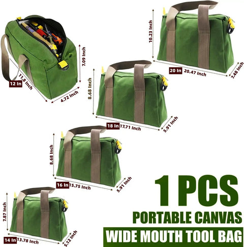 Wide Mouth Canvas Tool Bag With Heavy Duty Build And Large Capacity Organizer For Wrenches And Pliers, Durable Green Tote For Tools, 20 Inch Multi Function Storage Bag For Home Garage Job Site