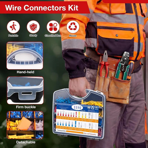 Huge 1150 Piece Wire Connectors Kit With Insulated Terminals And Crimper For Automotive Wiring Projects Featuring Red Blue Yellow Assorted Ring Spade Fork Butt Splice Quick Disconnects That Fit AWG 22 To 10 Like A Glove., hand-held case