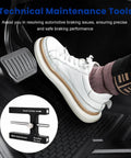 Heavy Duty Aluminum Brake Booster Adjustment Tool With Built In Magnet For Master Cylinder Push Rod Alignment shown near foot on brake pedal.