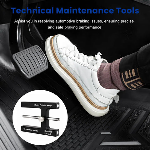 Heavy Duty Aluminum Brake Booster Adjustment Tool With Built In Magnet For Master Cylinder Push Rod Alignment shown near foot on brake pedal.