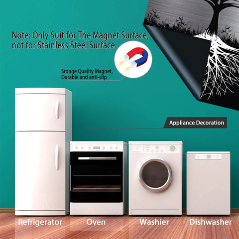 Nature Inspired Tree Design Magnetic Dishwasher Cover 23x26 Inch Large Metal Front Door Panel Sticker Fits Most Dishwashers Black Kitchen Appliances No Glue Adhesive Magnetic Decal For Refrigerator Panel Easy Cut To Fit shown on kitchen appliances with note on magnet surface suitability