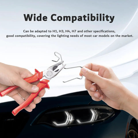 Hands using pliers and clips for Universal Headlight Retaining Clip Set For H1 H3 H4 H7 Bulbs, 24 Pieces In 12 Sizes