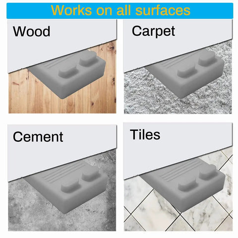 Slim Door Stopper Wedge For Bottom Of Door Non Scratch Rubber Holder shown on wood, carpet, cement, and tile surfaces
