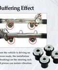 4 Piece Steering Rack And Pinion Mount Bushing Kit For Dodge Ram 1500 2000 Through 2012 Durable Steel Rubber Construction Replacement 52106728AC 52113031AD shown with buffering effect diagram.