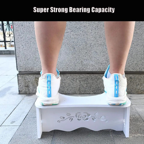 Ergonomic Squatting Toilet Stool For Adults, sturdy design demonstrating weight capacity on wood-plastic composite step stool.