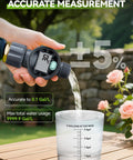 Super Handy Water Flow Meter With Five Percent Accuracy for RVs, hoses pouring water into measuring cup