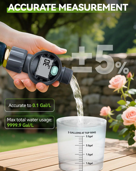 Super Handy Water Flow Meter With Five Percent Accuracy for RVs, hoses pouring water into measuring cup