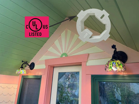 Ceiling Box Extender Kit 1 Pack Extends 3.5 Inch And 4 Inch Round Or Octagonal Electrical Boxes Up To 1.5 Inch UL Listed Plastic Ceiling Outlet Box Extension Ring installed in a decorative porch.