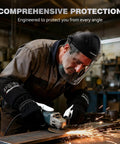 Badass Full Face Shield For Grinding And Cutting With Anti Scratch Polycarbonate Lens Wraparound Visor Certified Ansi Z87 Plus Rated in use by a worker.
