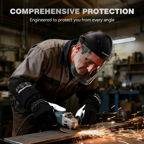 Badass Full Face Shield For Grinding And Cutting With Anti Scratch Polycarbonate Lens Wraparound Visor Certified Ansi Z87 Plus Rated in use by a worker.