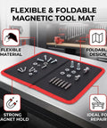 Foldable Magnetic Tool Mat With 40 Lbs Hold, Flexible Parts Organizer For Auto Repair And Electronics, Ultra Strong Magnetic Hold Keeps Screws Wrenches Bolts Secure Even On Tilted Or Vibrating Surfaces. foldable black magnetic tool mat with red trim on workbench