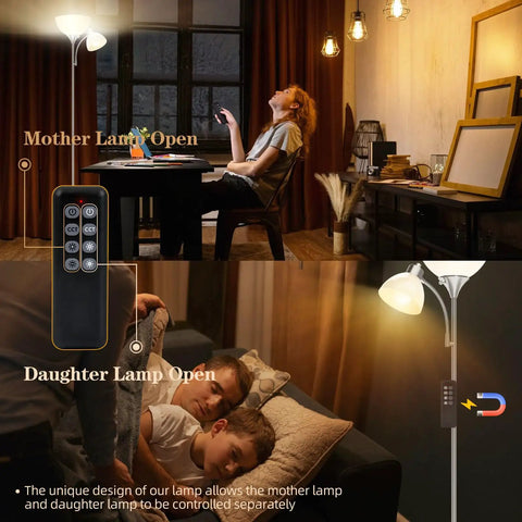 Floor Lamp With Remote Control And Adjustable Reading Lamp, Two Smart Bulbs Included, LED Torchiere Standing Lamp shown in living room.