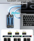 Heavy Duty Dual Bay Nvme Enclosure Boasts Straight Up Raid 0 1 Jbod And No Sweat Clone Mode For Kickin Fast Speed On 2280 M2 Ssd Portable External Storage Drive connected to a laptop showing 20 Gbps transfer rate.