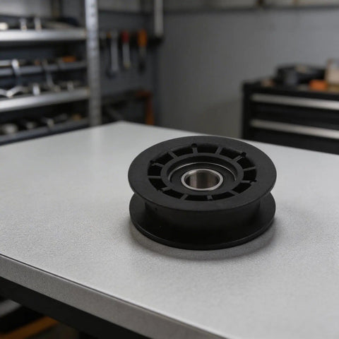 Durable Idler Pulley Replacement for Walk Behind Mowers on table, fits most brands, easy install, heavy duty belt tensioner