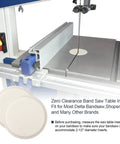 Zero Clearance Band Saw Table Insert Set for precise clean cuts, fits most bandsaws, shown mounted on bandsaw table