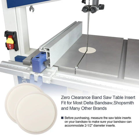 Zero Clearance Band Saw Table Insert Set for precise clean cuts, fits most bandsaws, shown mounted on bandsaw table
